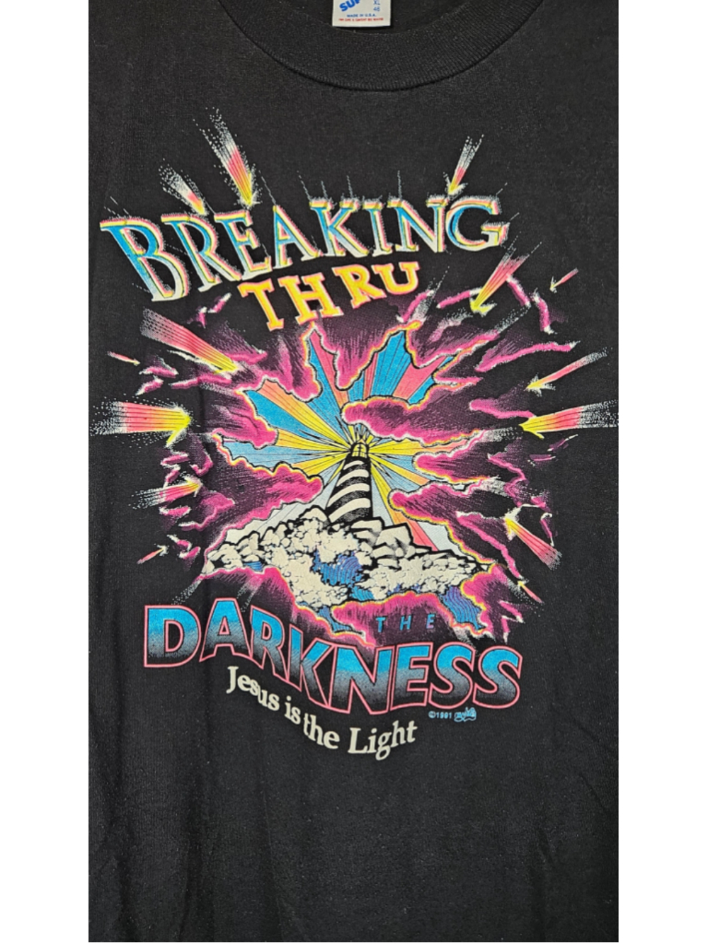 Vintage 1991 Jesus Is The Light T Shirt XL USA Breaking Thru Darkness Jerzees
